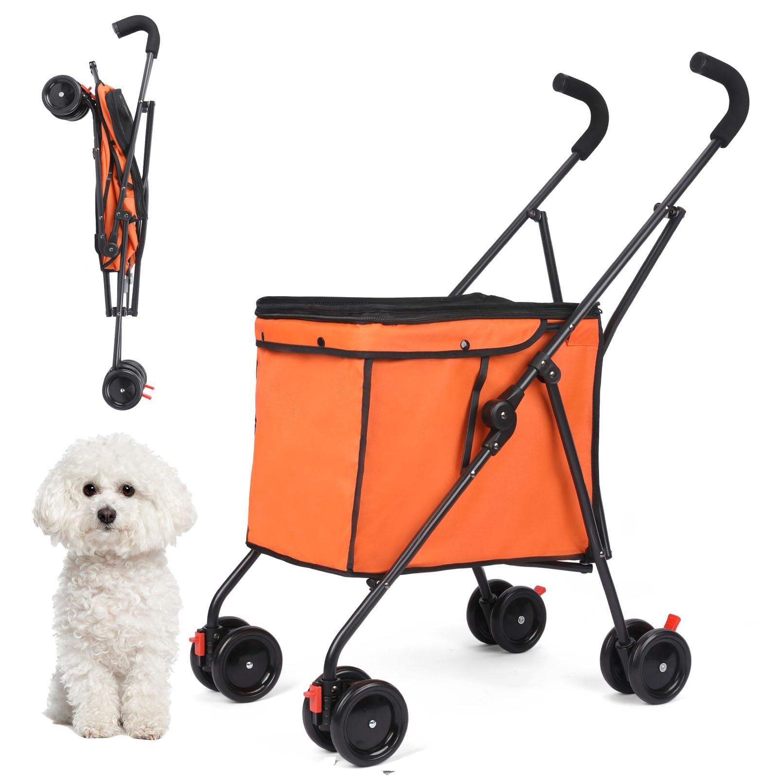 Folding Shopping Cart,Heavy Duty Garden Cart, Outdoor Dog Stroller, Large Capacity Beach Wagon with All-Terrain Wheels, Adjustable Folded Wagon for Camping Shopping Sports (Orange)