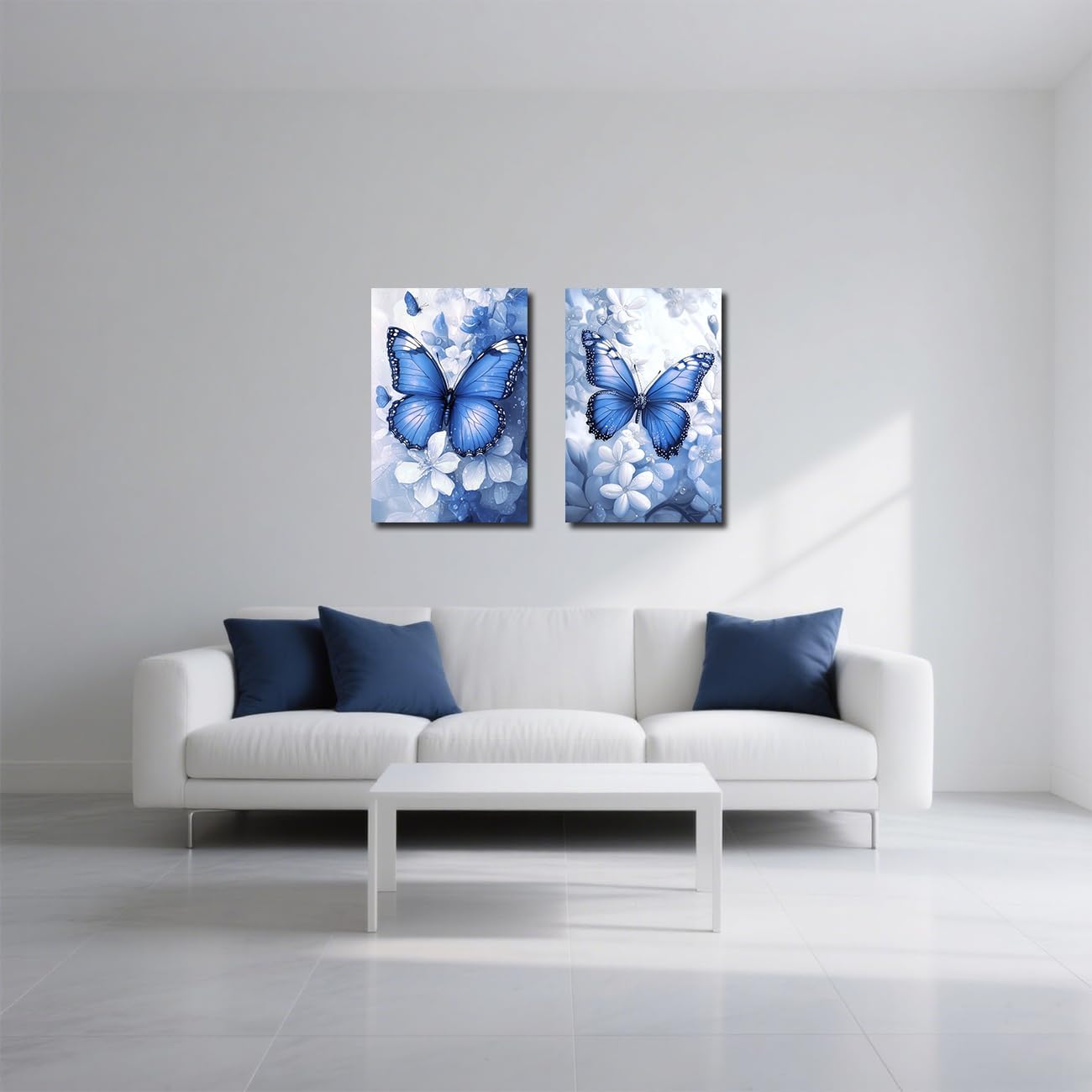 LZIMU Butterfly Wall Art Set of 2 Butterfly Pictures Wall Decor Rustic Floral Canvas Prints for Girls Bedroom Nursery Decor Framed (Blue, 11x14inchx2 Pieces)