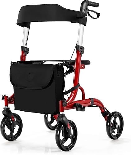 GYMAX Andador de aluminio 2 en 1 con asiento, ayuda para caminar con ruedas de 8 pulgadas, asas ajustables en altura, sistema de freno doble,