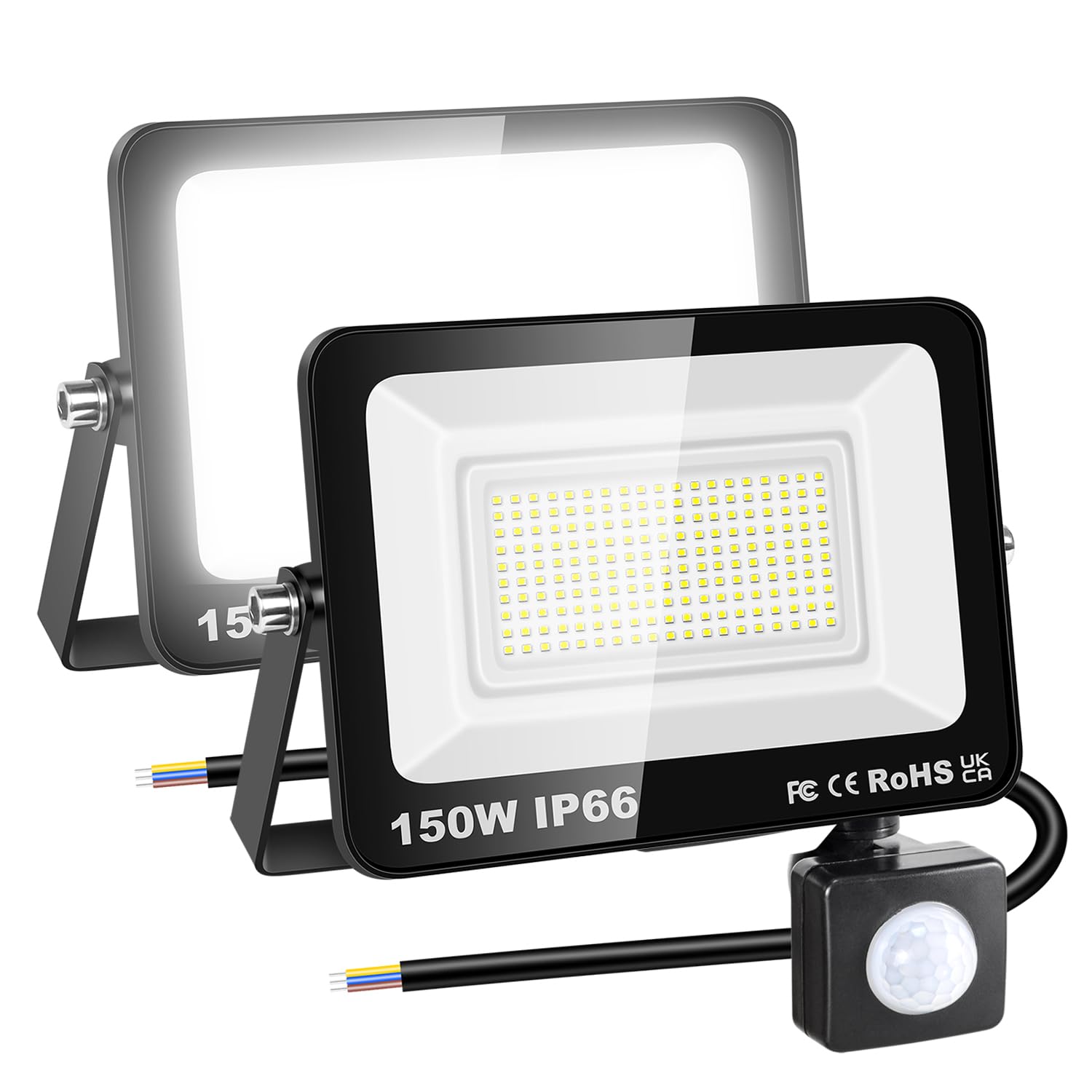 RIGIDON 2x 150W 15000lm faretto con pir sensore di movimento proiettori led | senza spina, 6000K bianco freddo, fari di Sicurezza, luci esterno per giardino garage patio terrazza cortile, impermeabile