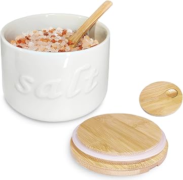 Salt Cellar with Lid and Spoon, 16 OZ Airtight Salt Container for Countertop, Ceramic Storage Container for Spices, White
