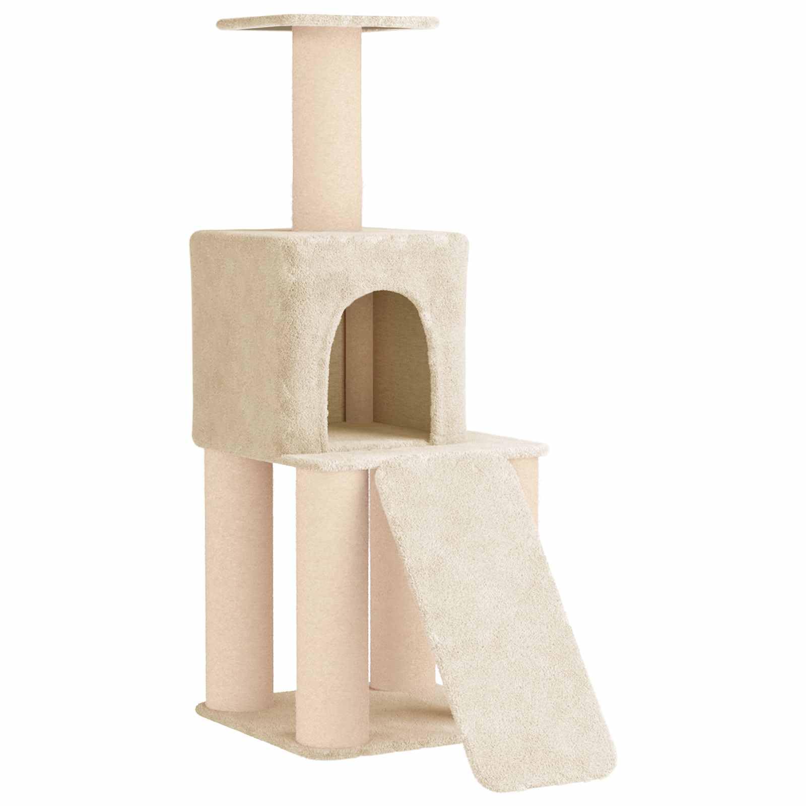 Kratzbaum groß mit Sisal-Kratzsäulen & Katzenhöhle, Kletterbaum 146 cm hoch aus Holz und Plüsch, Stabiler Katzenbaum Kletterturm für Katzen, Creme