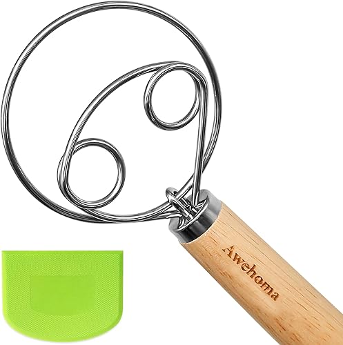 Batidor de masa danés grande - Batidor de mano grande de madera de acero inoxidable de 13 pulgadas con raspador de masa, licuadora artesanal de