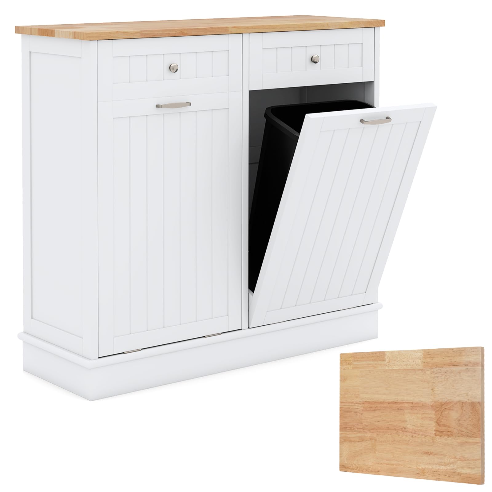TANGZON 50/100L Tilt Out Trash Cabinet, Freestanding Laundry Hamper Cabinet with Tilt Out Doors, Bamboo Worktop, Cutting Board & Drawers, Wooden Pet Proof Kitchen Bin Sideboard, No Bin (100L)