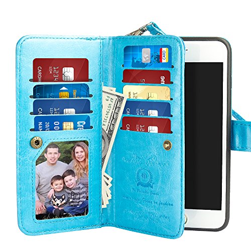 idudu iPhone 6 Plus/iPhone 6S Plus Case, Luxury PU Leather Wallet Flip Cover Case with Credit Card Holder Built-in 9 Card Slots & Wrist Strap for iPhone 6 Plus/iPhone 6S Plus (light blue)