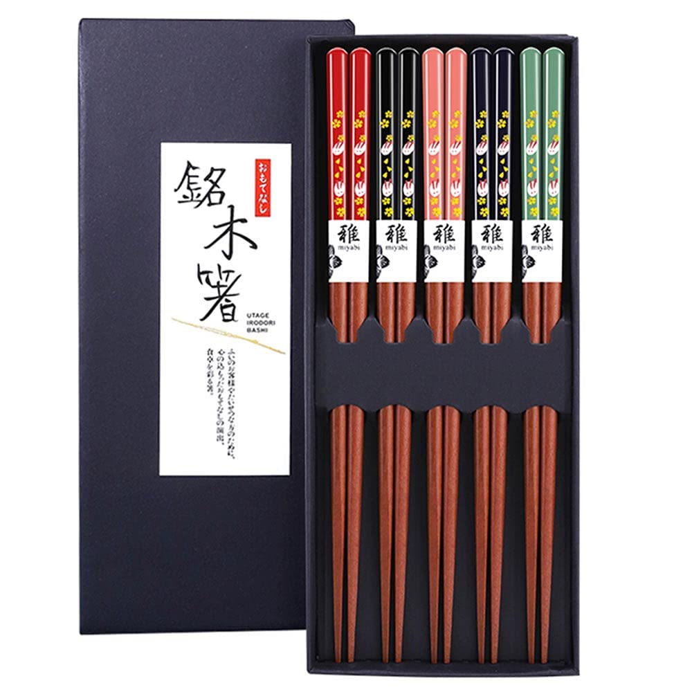 MFJUNS 5 Pairs Natural Wooden Chopsticks Reusable Japanese Chopsticks - Lightweight Safe Chop Sticks 8.9 Inch/22.7 cm Gift Set