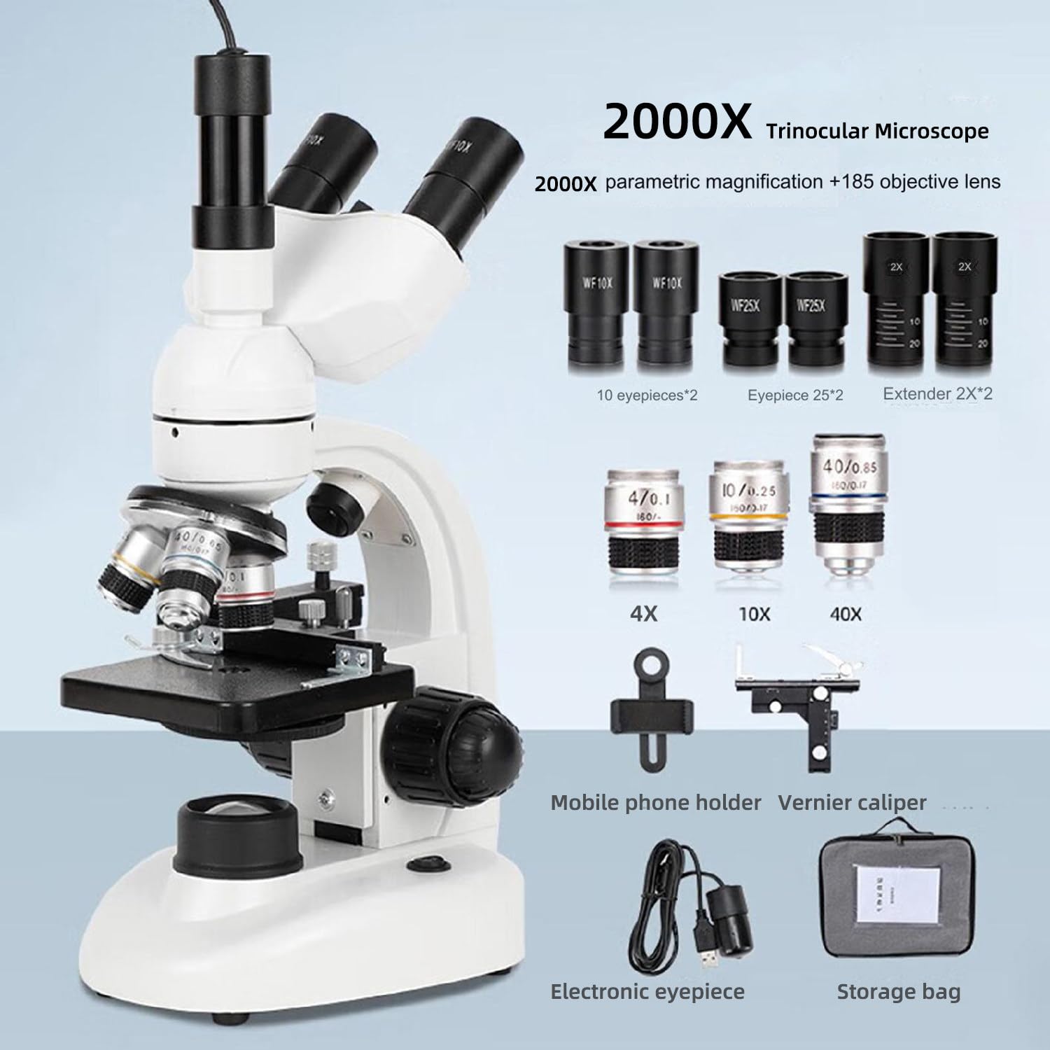 Microscopio Trinocular HD Mejorado, con Ocular Electrónico, Microscopio de Luz Compuesto, Lente Objetivo 4X, 10X, 40X, 100X, con Soporte para Teléfono Móvil/Calibre Vernier, 110V-240V,2000X
