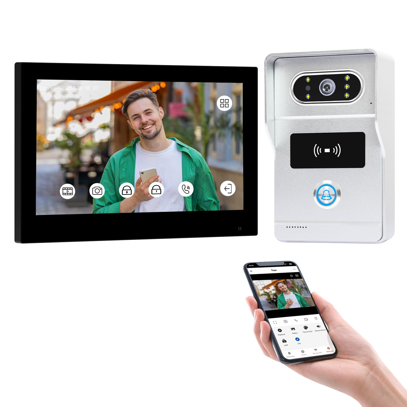 Videoportero de 2 Cables 1080P, Sistema de Intercomunicación con Pantalla Táctil de 7 Pulgadas,Control Mediante la App Inteligente Tuya,Visión Nocturna IR, Desbloqueo RFID