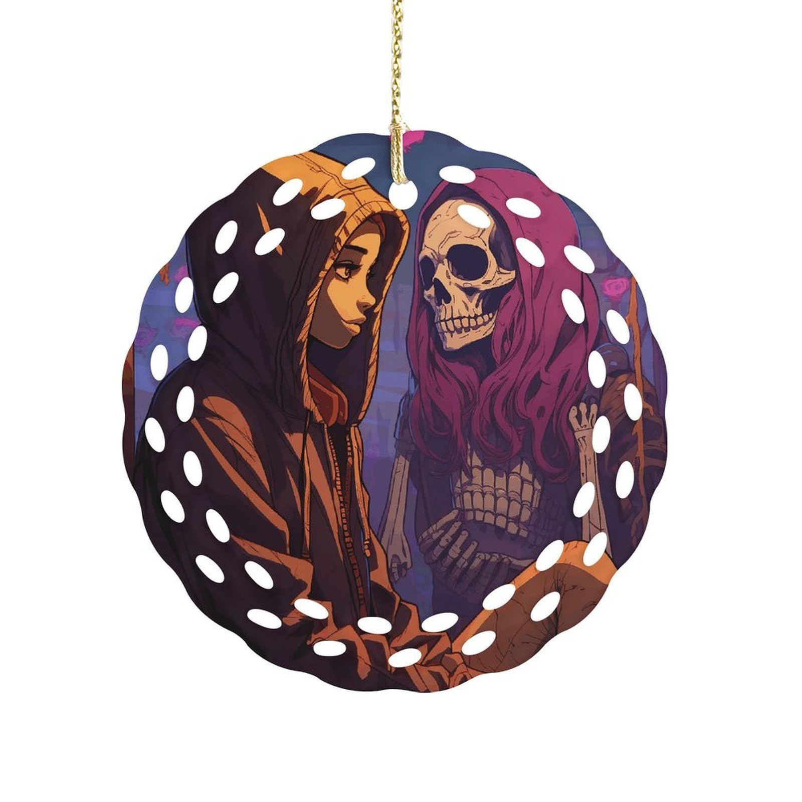 Fekiloot Girls Style And Skull Ceramic Ornaments 3 Inch Round,Holiday Keepsake For Women,,Pet Owners,Hanging Ornament Gifts Idea For Home