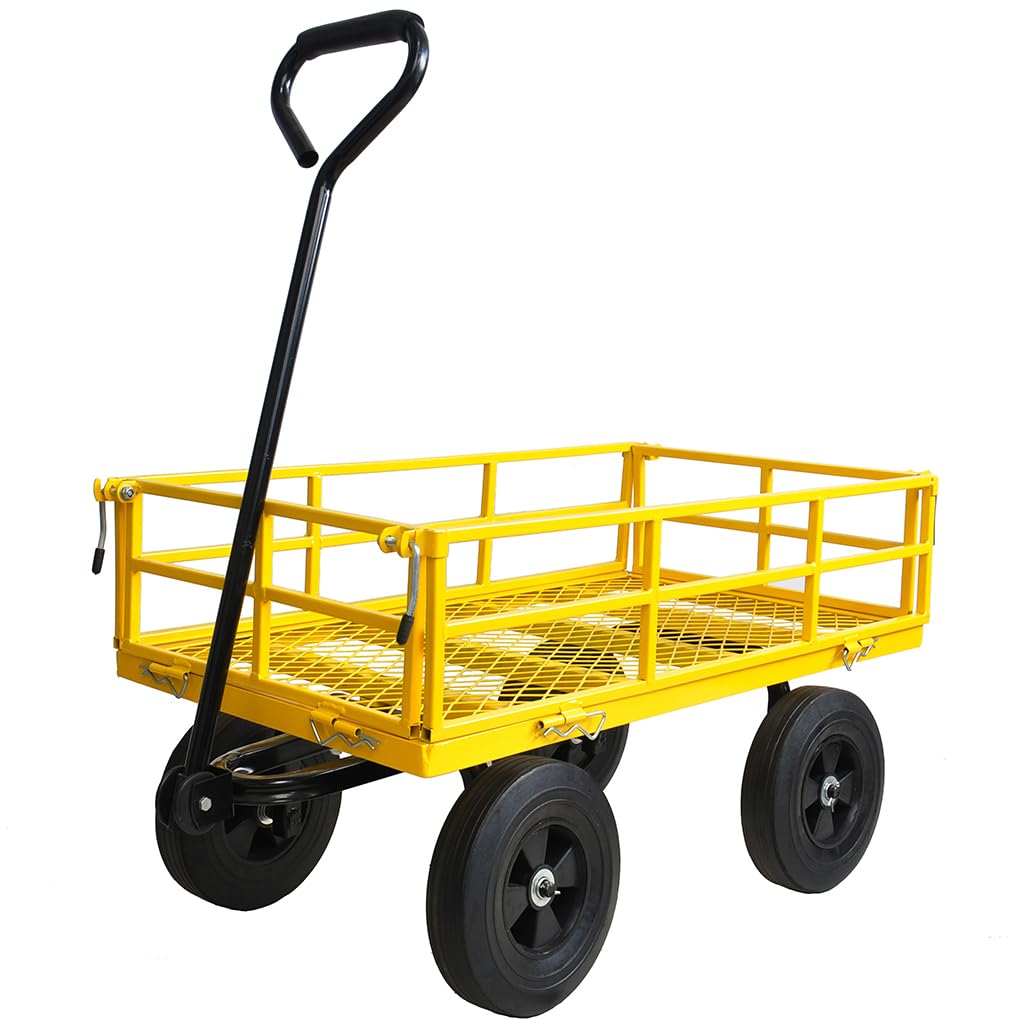 Utility Garden Cart Wagon, Heavy Duty 1200 Lbs Capacity Mesh Steel Garden Cart Folding Utility Wagon with Removable Sides, 180° Rotating Handle and 10in Tires, Perfect for Garden, Farm, Yard,Yellow