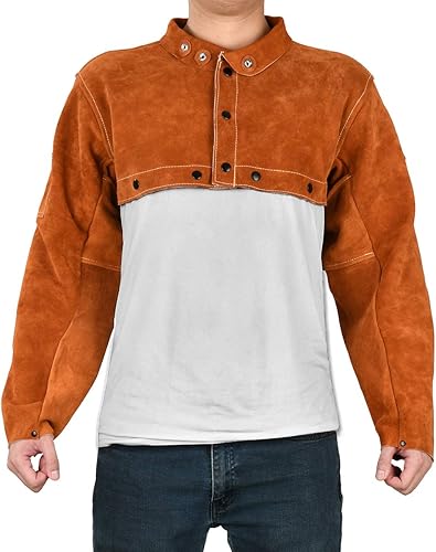 Miniatura 5 de LeaSeek Chaqueta de soldadura de cuero, delantal de soldadura resistente con manga, abrigo de soldadura de piel de vaca resistente al calor para