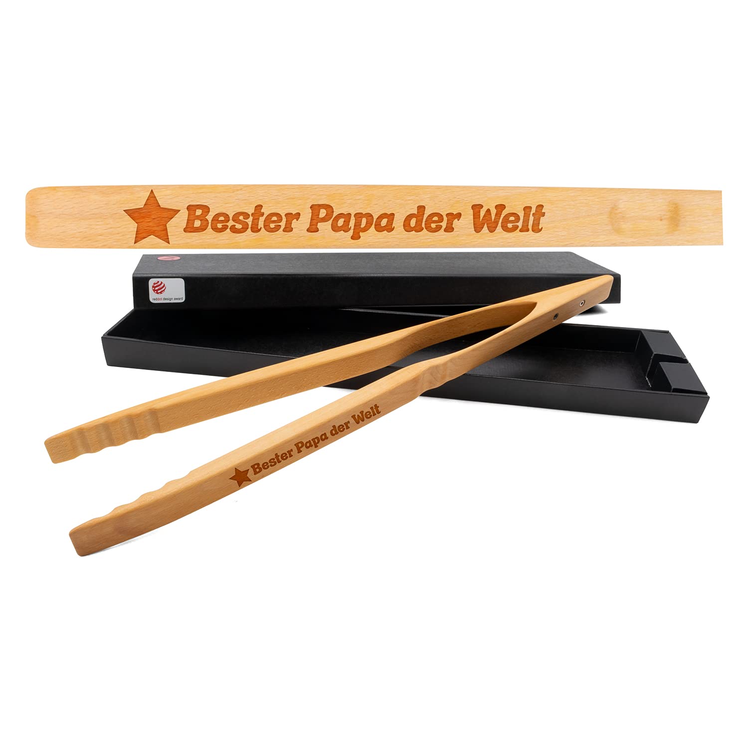 Zetzsche Design-Grillzange mit Gravur 'Bester Papa der Welt' inkl. Geschenkverpackung, Geschenk zum Vatertag oder Geburtstag, Holzzange Greta perfekt zum Grillen, Raclette oder Küche, 60 cm