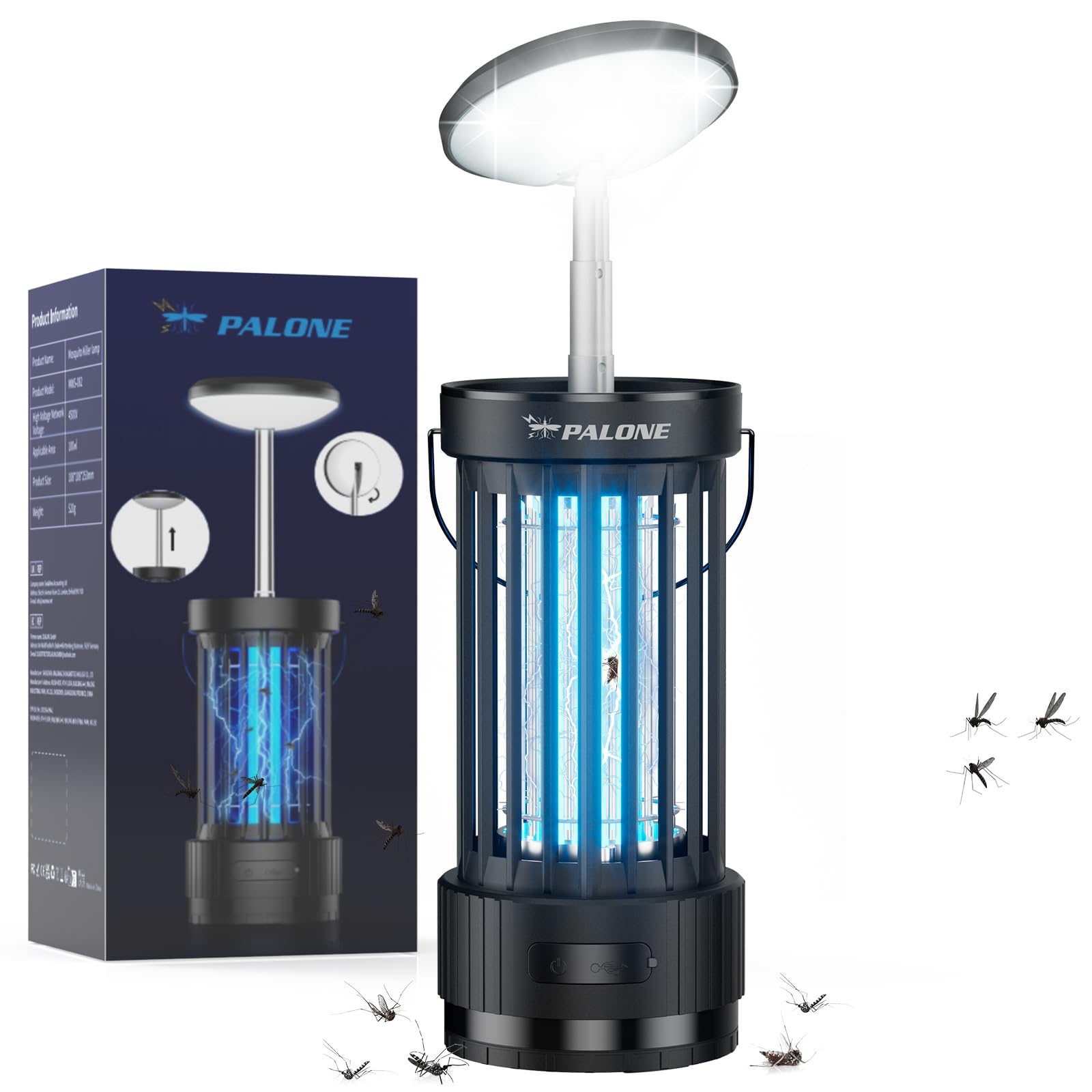 PALONE Lampada Antizanzare Elettrica con Luci UV e LED Regolabili | 4000mAh 4500V USB Zapper per Insetti, Trappola Elettrica Portatile per Interni ed Esterni, Campeggio, Pesca, Escursionismo