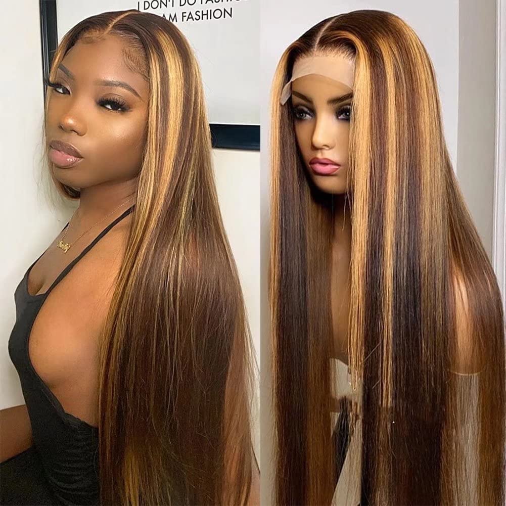 4/27 Highlight Human Hair Wigs Glueless 13x4 Lace Front Wigs Straight Hair Wigs Ombre Brown Blonde Colored Brazilian Virgin Human Hair Wigs for Black Women 28 Inch