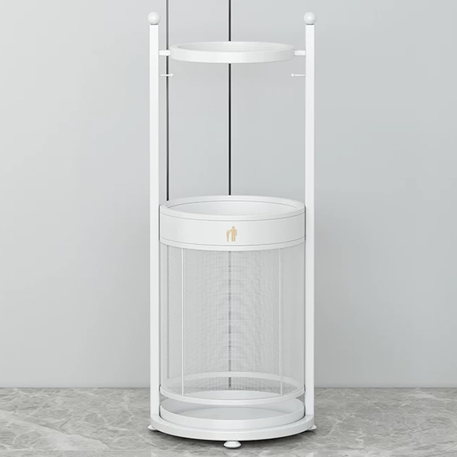 Porte-parapluie blanc en métal rond pour une entrée de maison moderne et organisée