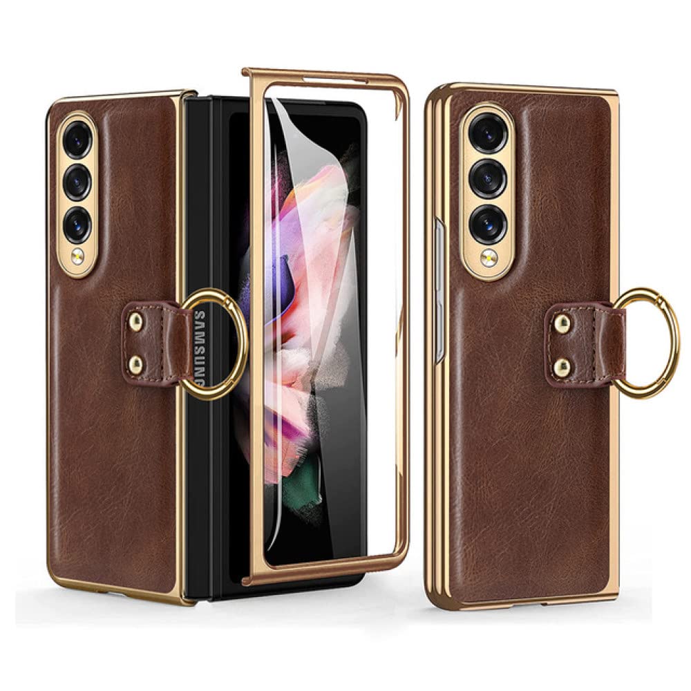 Funda de cuero Galaxy Z Fold 3 con cristal templado y soporte de anillo café 8