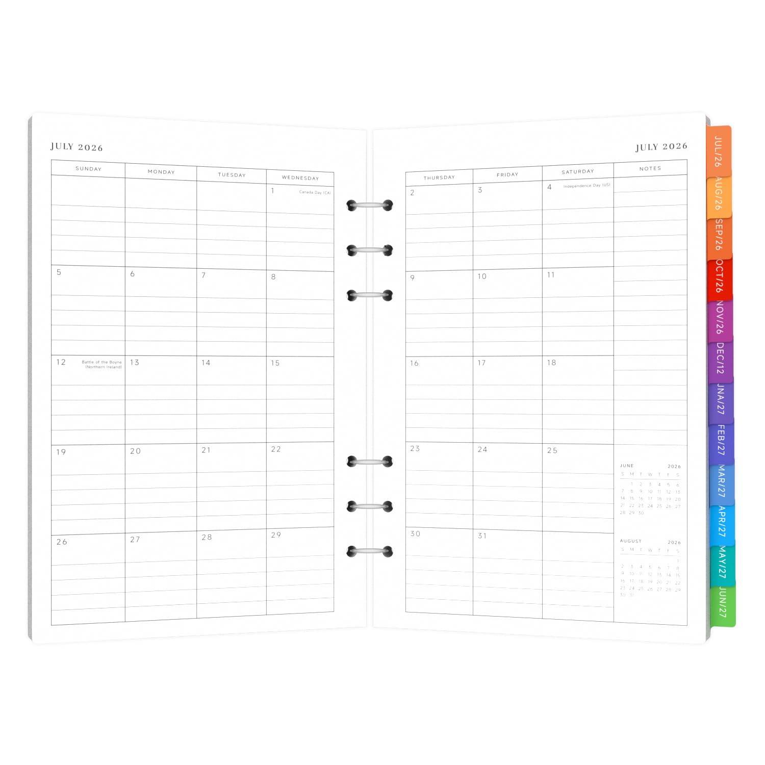 2026-2027 Weekly & Monthly Diary Refill A5, Jul 2026 - Jun 2027, 6-Hole Punched, Academic Refill with Colourful Monthly Tabs, Ruled Daily Blocks, Holidays and NotesοΌ8.2'' x 5.8''οΌ