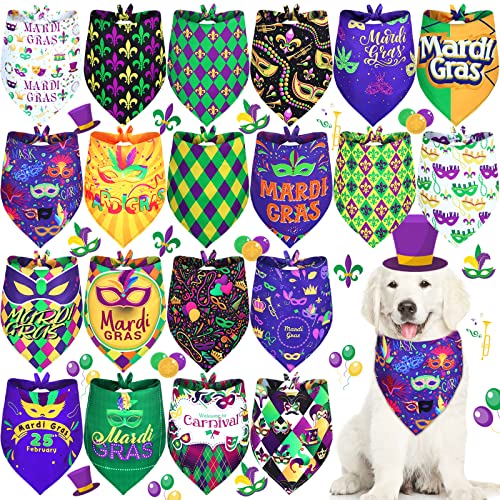 20 Pcs Mardi Gras Dog Bandana Pet Scarf Washable Triangle Bibs Shamrock Scarfs Adjustable Pet Triangle Washable Kerchief for Mardi Gras Dogs Cats (Clown, L)