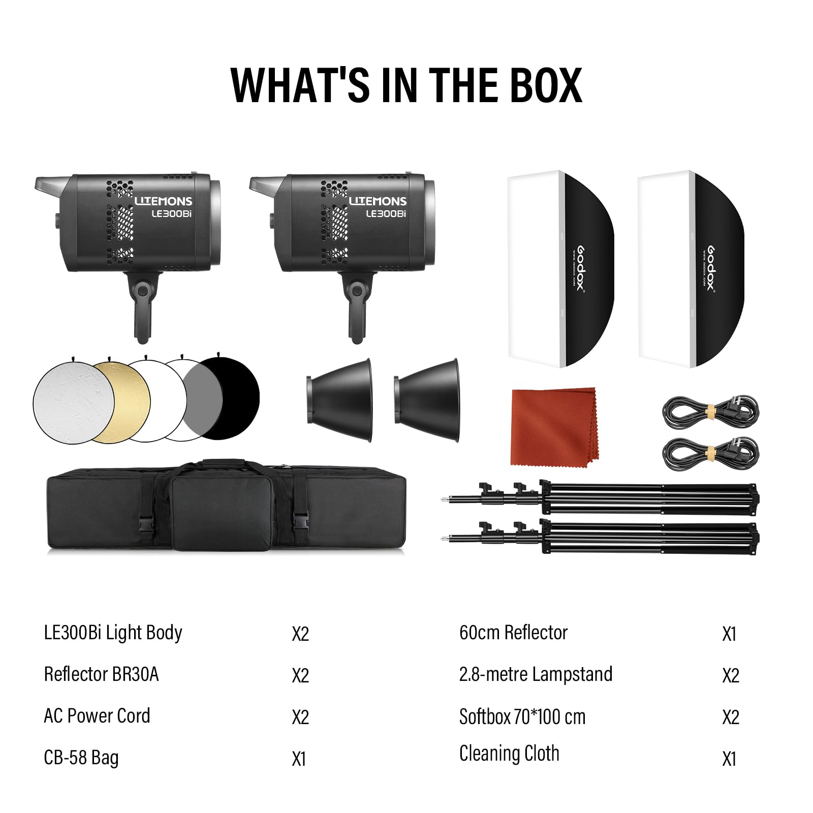 Godox 2-Pack Litemons LE300Bi LE300 Bi Luce Continua a LED 320W 2800K~6500K 58900 Lux/1m TLCI/CRI≈98 Controllo Bluetooth 11 Effetti FX Attacco Bowens Videolight per Vlog,YouTube,Fotografia (nero)