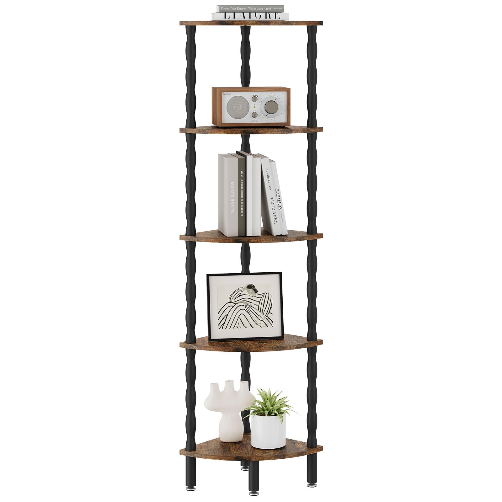 IBUYKE 5-Tier Corner Shelf,Stylish Corner Bookshelf for Small Spaces,Industrial Corner Storage Display Shelves,Small Corner Table for Bedroom,Bathroom,Kitchen, Brown WBC020H