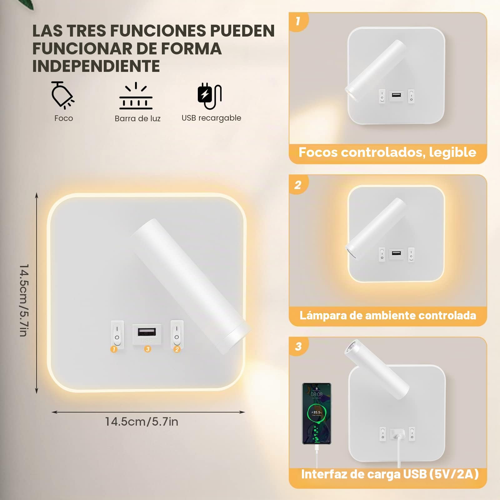 Weigudoc Lámpara de Pared LED, Luz de Lectura Junto a la Cama, Aplique de Pared Cabecera Ajustable, con Puerto de Carga USB e Interruptor, Luces de Pared de Pasillo (luz cálida 3W + 9W)(Blanco 2pcs)