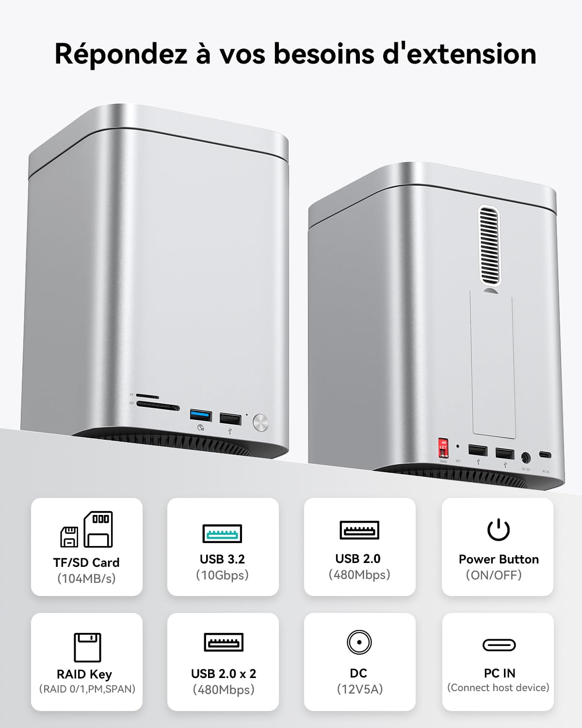Yottamaster 2 Baies Boîtier Disque Dur, 10 Gbps USB-C Raid Aluminium Boîtier pour 3.5"/2.5" SATA HDD/SSD + M.2 NVMe/SATA SSD Jusqu’à 56 to, 5 Ports USB, Lecteur SD/TF, Ventilateur (sans Disque)
