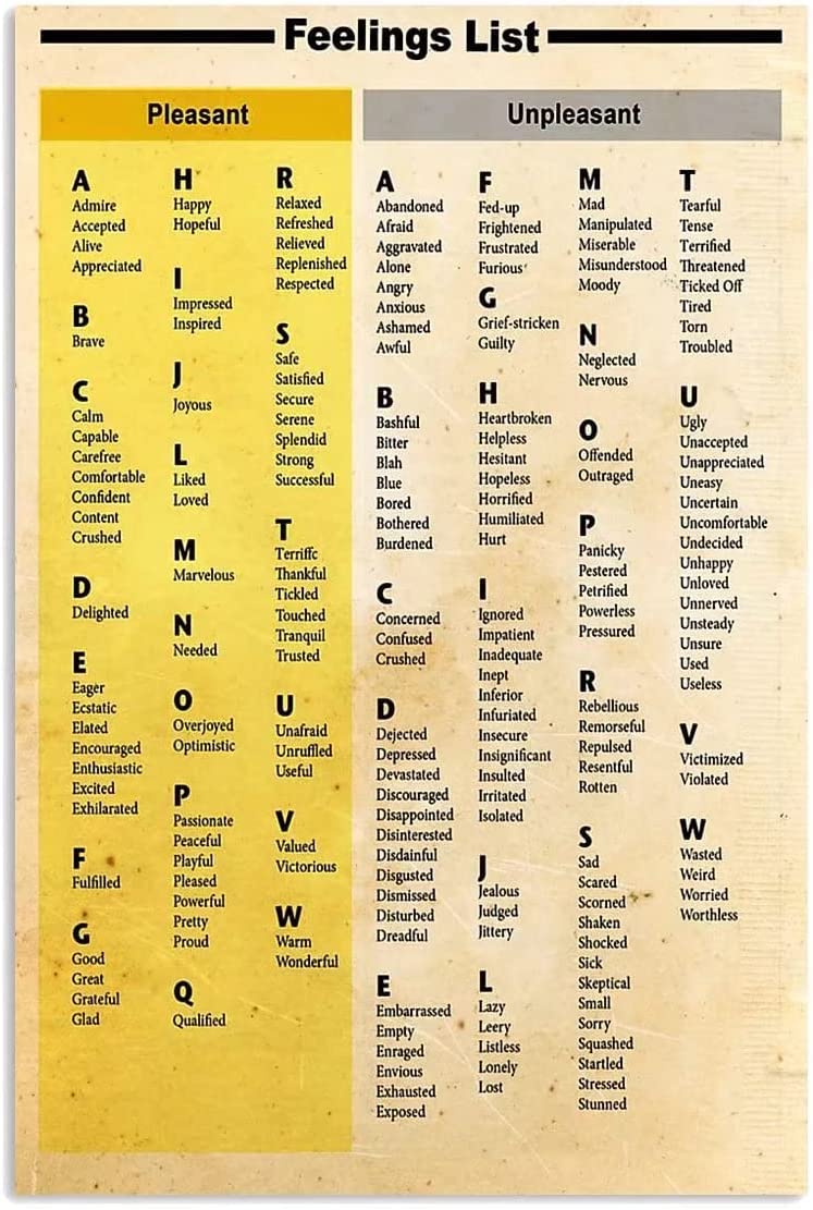 rayprint Feelings List Infographic Metal Sign Vintage Social Worker Science Knowledge Posters Office Decor Home Room Plaque Wall Decor 12x16 Inches