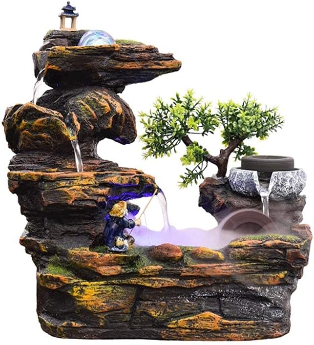 Tabletop Fountain Indoor Fountain Indoor Fountain Resin Rockery Water Fountain Small Ornaments Waterwheel Wheel Lucky Home Transfer Ball Fountain Family Decoration Desktop Fountain (A(with Atomizati