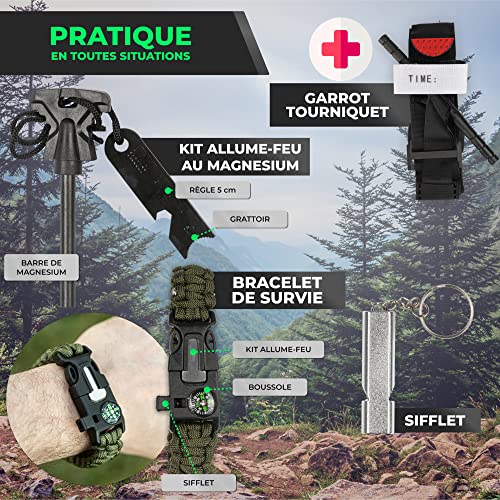 Kit de Survie Militaire Complet–Trousse de Secours avec Garrot/Lampe Torche/Couteau/Pierre à feu/Pince Multifonction/Couverture Sifflet de Survie–Camping Randonnée Pêche Chasse survivalisme – Image 3