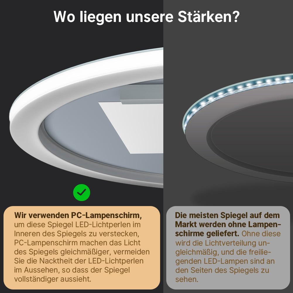 80cm Runder Badspiegel mit Beleuchtung, 3D Edge Lighting, 3 Farbtemperaturen, Dimmbar, Badezimmerspiegel mit Beleuchtung, Entfogging, Speicherfunktion, Modernes Design, HD, Touch-Schalter