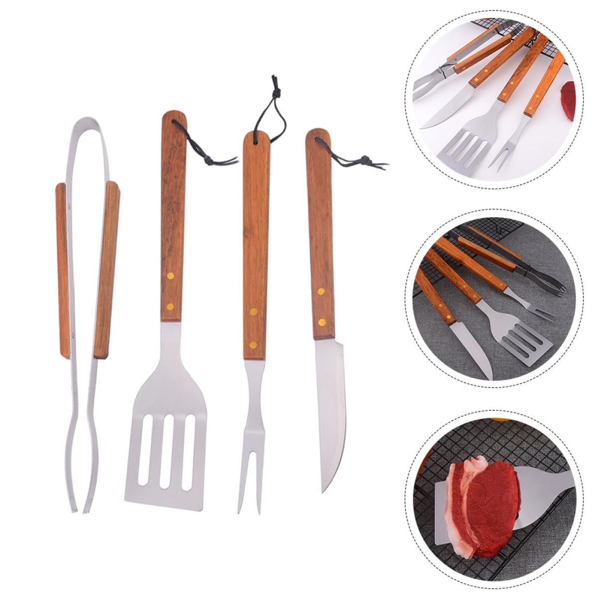 Utensilios para Barbacoa de Acero Inoxidable con Mango de Madera, 4 Piezas | Juego 1 Set, Color Marrón, Diseño Sencillo, Fácil de Guardar y Usar, Práctico para Entusiastas la Parrilla