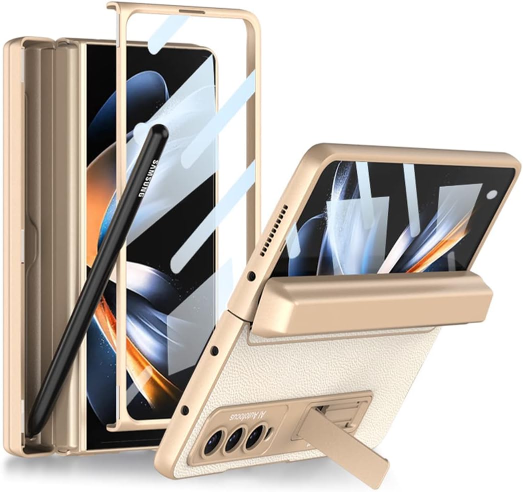 NP Case for Samsung Galaxy Z Fold 4 5G(2022), Built-in S-Pen Holder & Kickstand & Front Screen Protector,Leather Back Drop-Proof Magnetic Hinge Protection Cover(Lichee Pattern Gold)