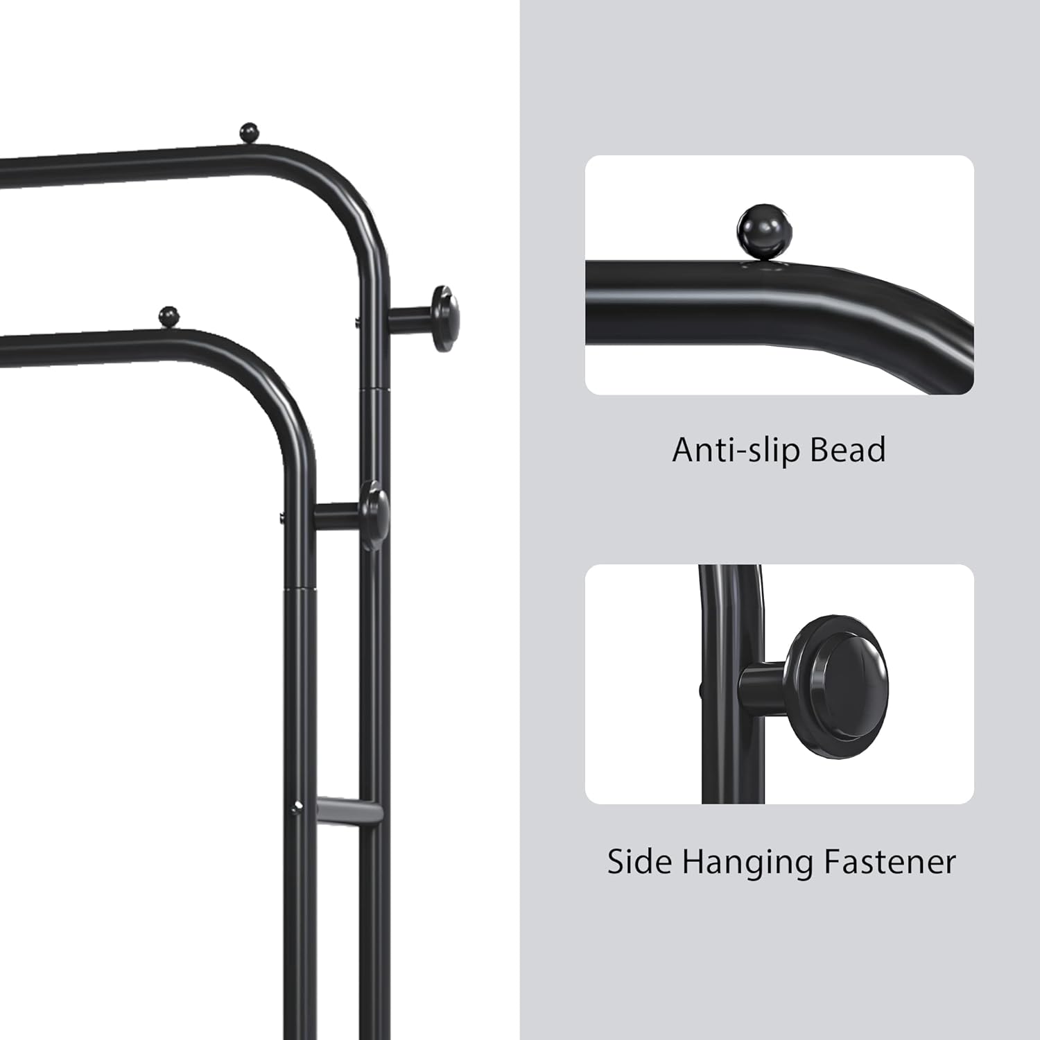 JOISCOPE Double Rods Portable Garment Rack for Hanging clothes, 43.5 * 66.5 Inch Metal Clothing Rack with Bottom Shelves and 4 Hooks,Freestanding Clothes Rack for Bedroom,Space Saving, Black