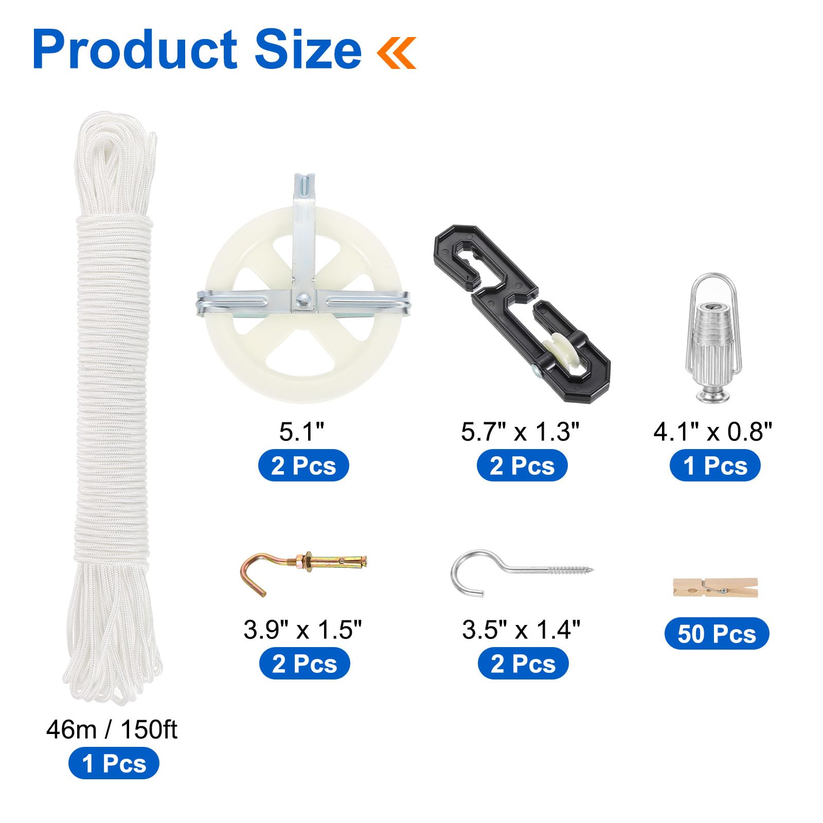 sourcing map Kit de corde à linge d'extérieur, poulie de corde à linge de 12,7 cm, corde à linge de 45,7 m pour extérieur, poulie écarteur de séparateur en S, tendeur de corde à linge et 50 pinces à