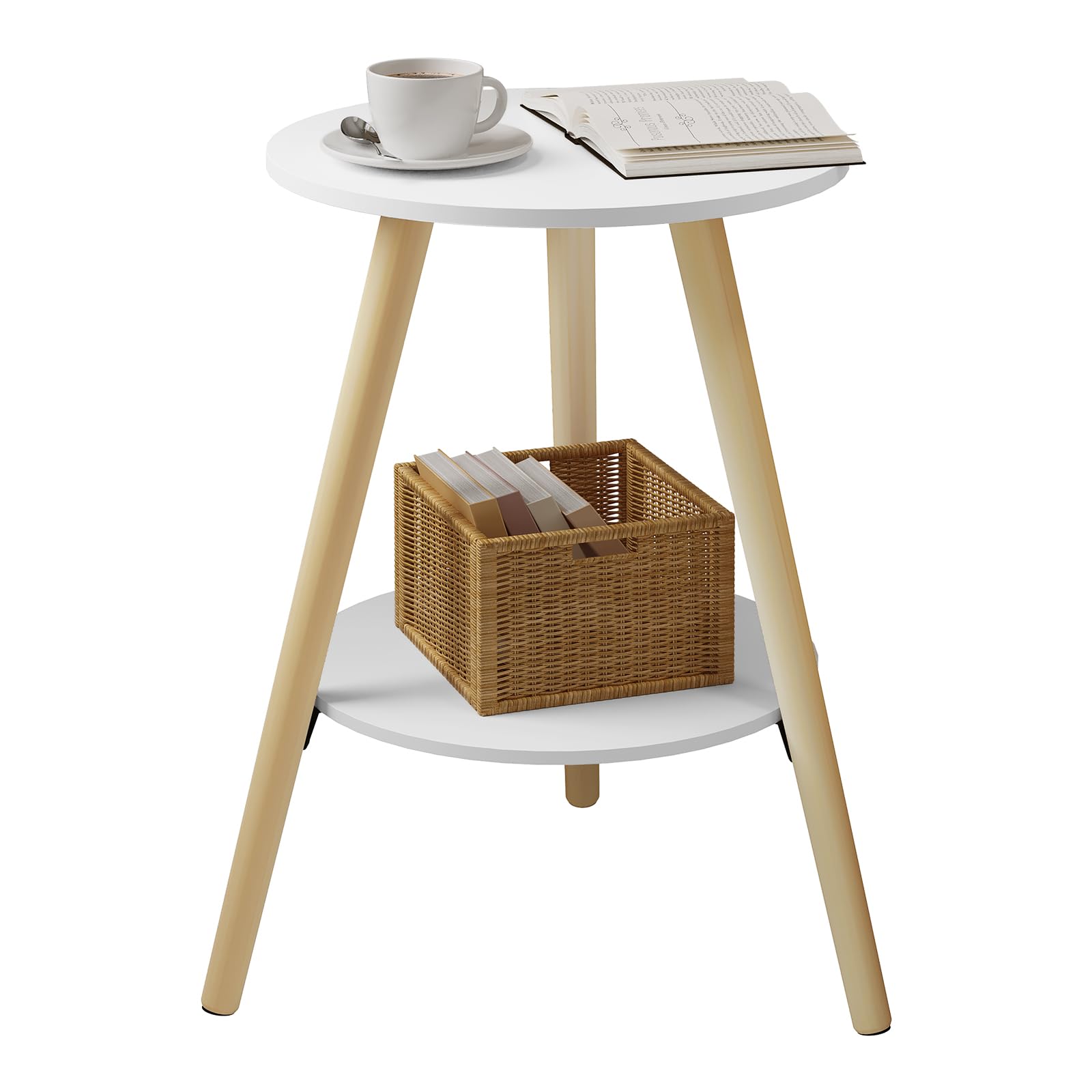 EUGAD Tavolino da Salotto a 2 Ripiani, Tavolino Rotondo, con Gambe in Legno Massiccio, per Camera da Letto, Soggiorno, in MDF, 38x38x55 cm