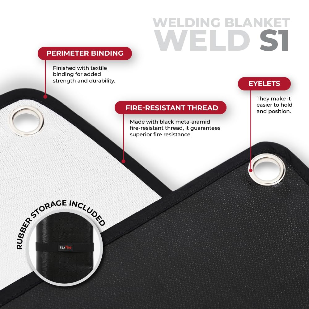TEXFIRE | Coperta ignifuga per saldatura WELD S1, flessibile e leggera. Resiste fino a 550°C. Fibra di vetro con rivestimento speciale per alte temperature.