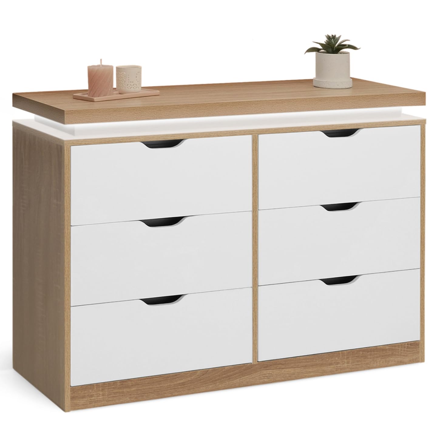 IDMarket - Commode 6 tiroirs Luna à LEDs 115 cm Blanc et Effet Bois