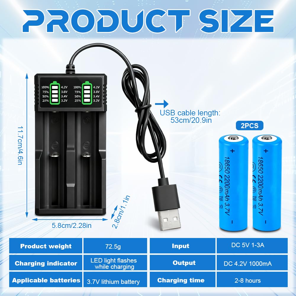 18650 Battery Charger Set with 2 Pack 3.7V 2200mAh Pointed Batteries, Pengrity 18650 Rechargeable Battery, USB 2 Slot Charger with LCD Display Smart, for 26650 21700 14500 18650 — view 2