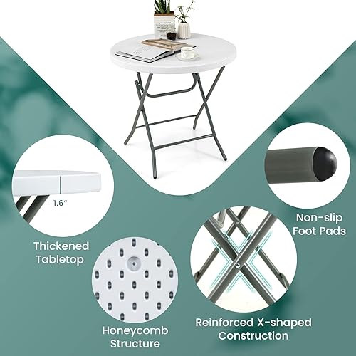 Miniatura 5 de Giantex Mesa plegable redonda de 32 pulgadas de profundidad, mesa de plástico portátil con mesa de polietileno de alta densidad gruesa y marco de