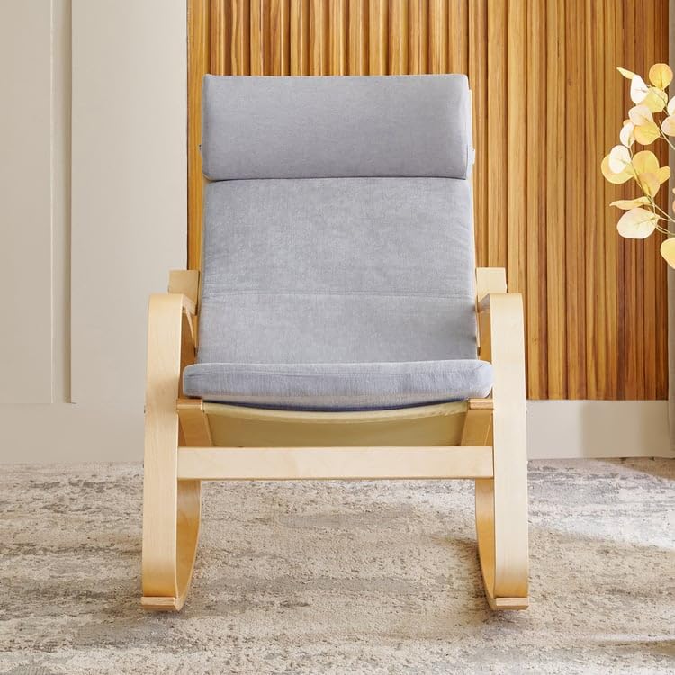 Image of Home Centre | Paulo Fabric Rocking Chair | Solid Wood | Grey | 1 Year Warranty