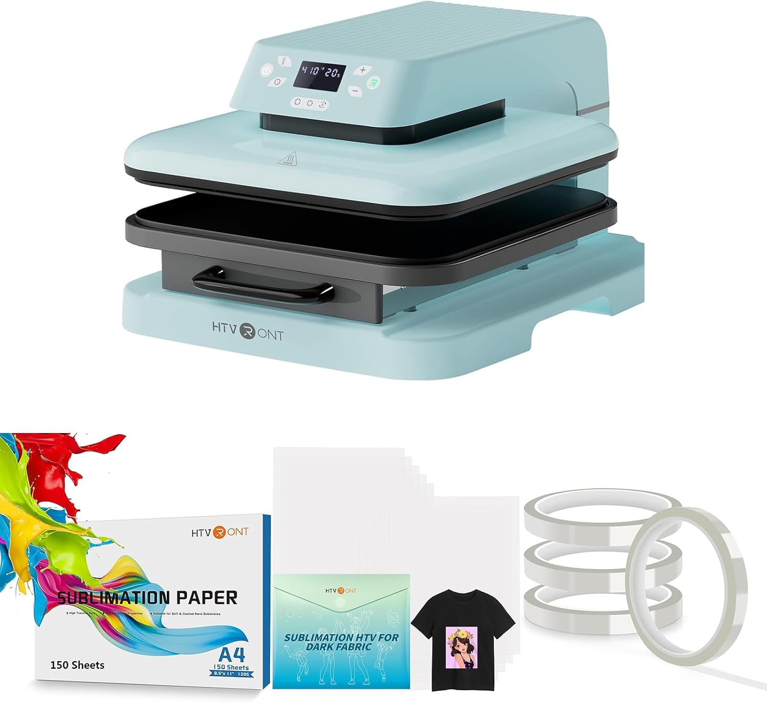 HTVRONT Auto Heat Press 15x15 Inches + 150 Sublimation Paper Sheets + 10 Pack Sublimation HTV for Dark/Light Fabric + 4 Rolls Heat Tape