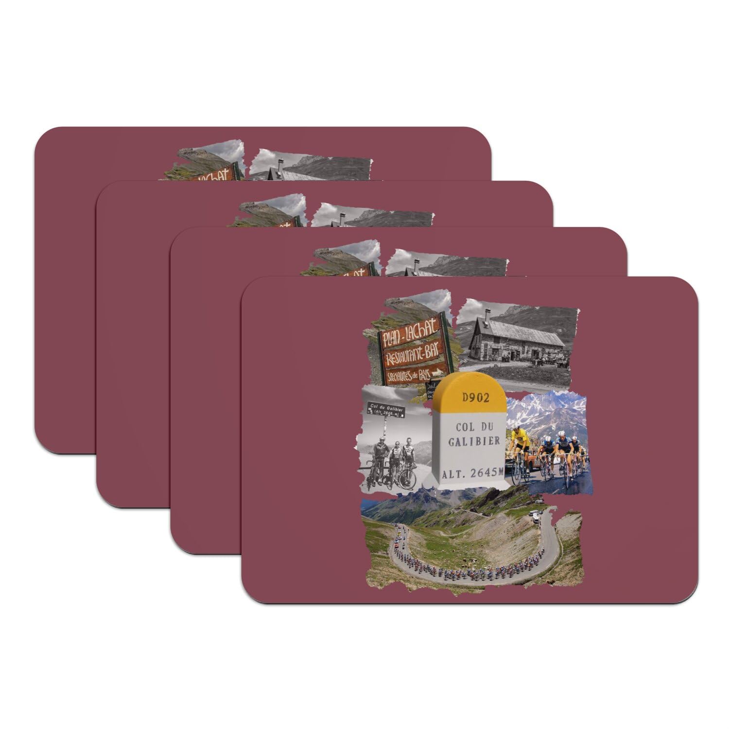 Sets de table Col du Galibier grand format lot de 4 dessous caoutchouc rouge 39,5 x 28,5 cm