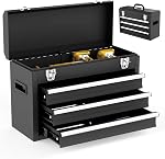 3 Drawer Metal Tool Box, Portable Metal Tool Box with EVC Liners and Latches Closure, Heavy Duty Steel Tool Chest with Ball Bearing Opening and Powder Coated Finish, Black