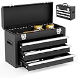 3 Drawer Metal Tool Box, Portable Metal Tool Box with EVC Liners and Latches Closure, Heavy Duty Steel Tool Chest with Ball Bearing Opening and Powder Coated Finish, Black