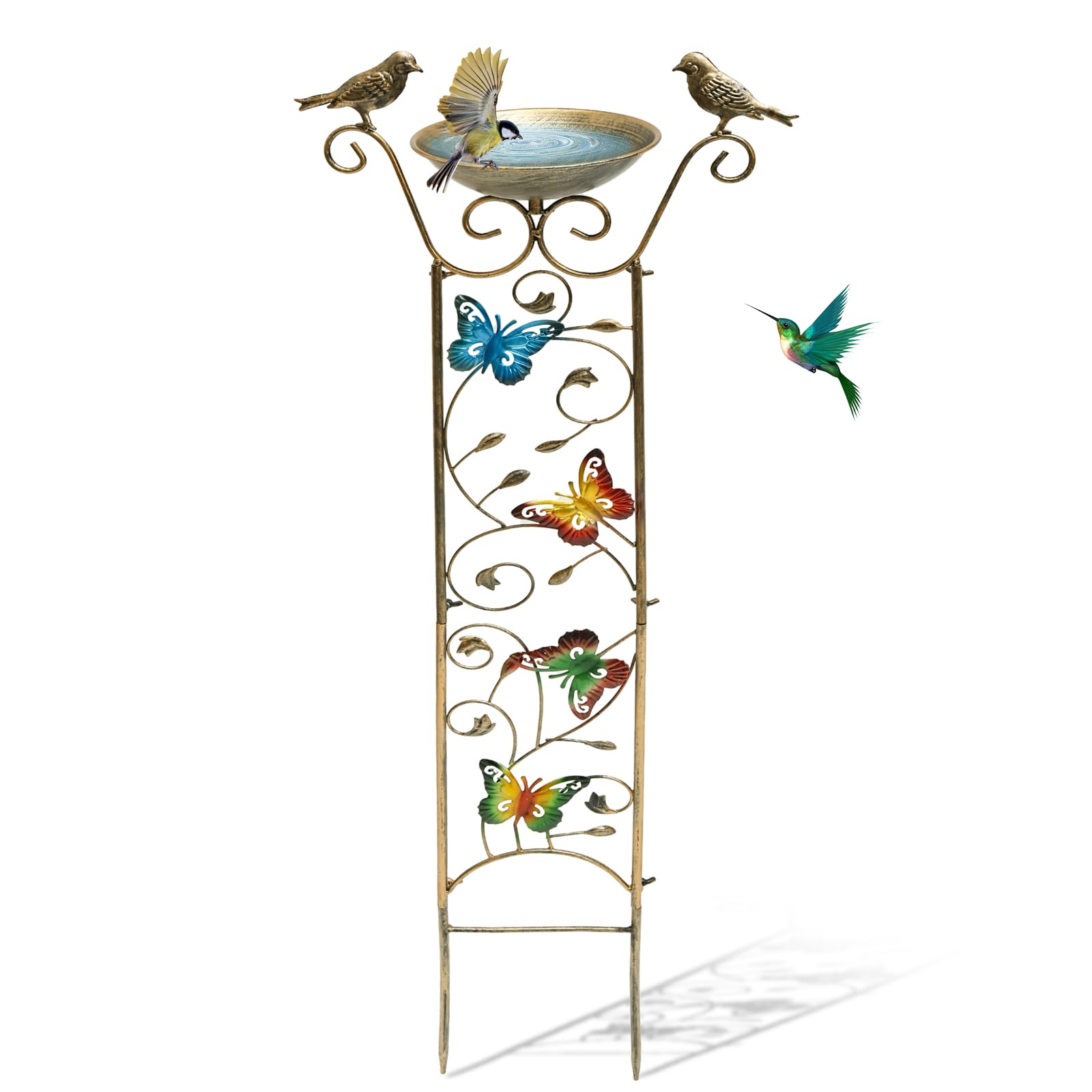 Bain d'oiseaux avec treillis extérieur en fer forgé antique et papillons décoratifs amovibles
