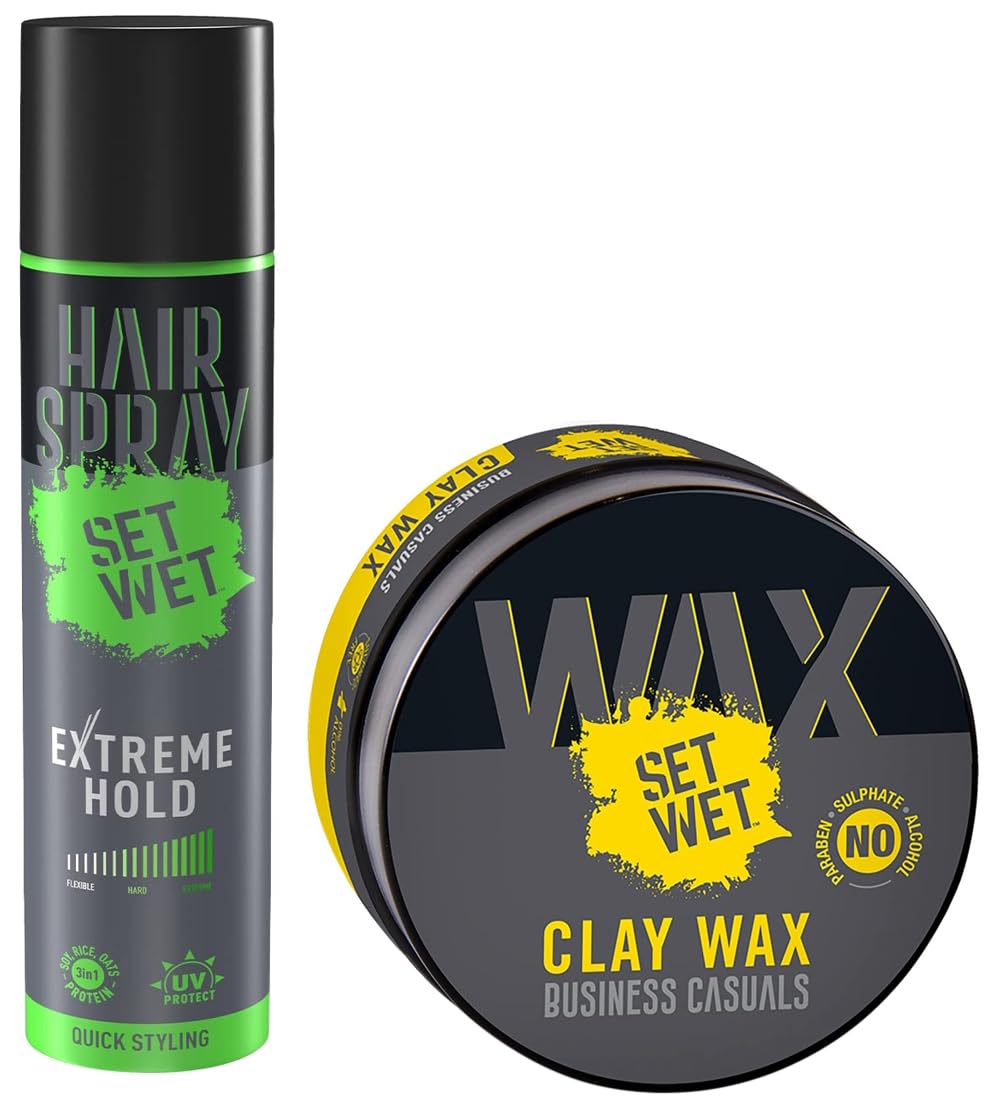 Set Wet Styling Hair Clay Wax 60g, & Set Wet Extreme Hold, Hair Spray for Men, Style-Spray-Freeze,Bottle 200 ml