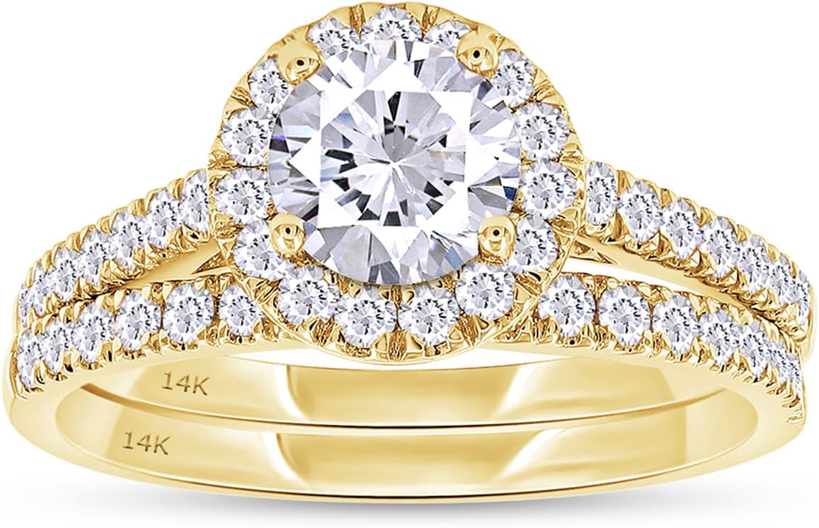 SAVEARTH DIAMONDS 4.9MM Center Moissanite & Lab Grown Diamond Halo Bridal Set Wedding Set Wedding Ring In 10K & 14K Solid Gold jewelry For Women (1 CTTW)