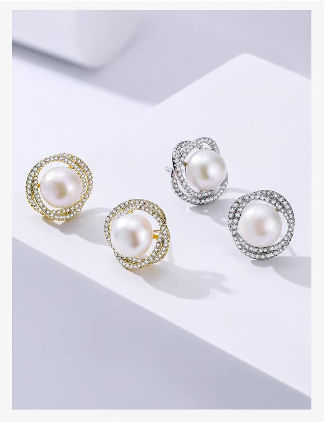 Pearl Stud Earrings for Women - White Pearl Stud Earrings - Cultured Freshwater Pearl in CZ Pave Stud Earrings - Image 2