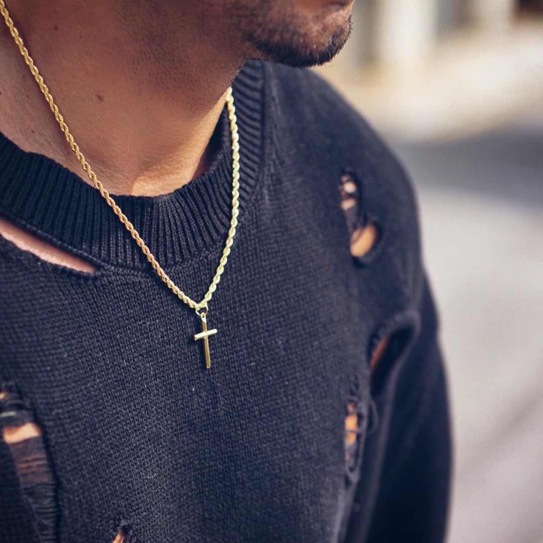 DVRK® Collar Cruz Hombre 25 mm Resistente al Agua y al Sudor - Cadena Cruz Hombre Oro o Plata sobre Base de Acero Inoxidable 316L - Colgante Crucifijo - Rosario - Regalo