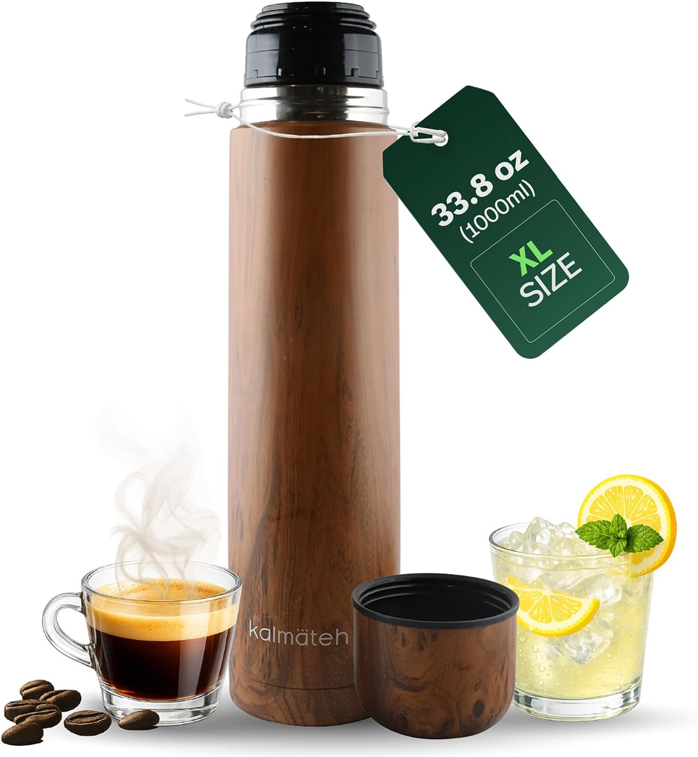 Kalmateh Stainless Steel Thermo Bottle 34oz for Hot Drinks, Precise Pouring for Coffee, Tea, Yerba Mate and Cold Beverages